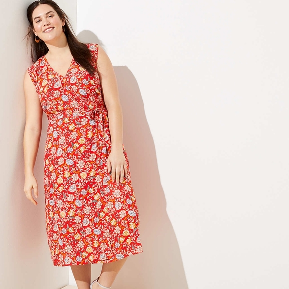 NWT LOFT Floral Ruffle Midi Wrap Dress - Picture 1 of 8